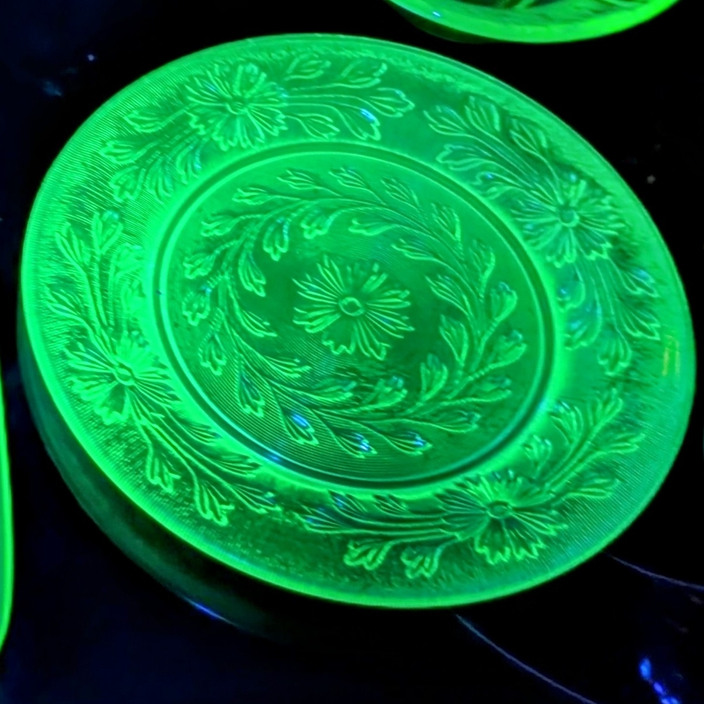 Indiana Glass Tiara Uranium Glass Chantilly Green Floral Pattern Vasoline Glass"